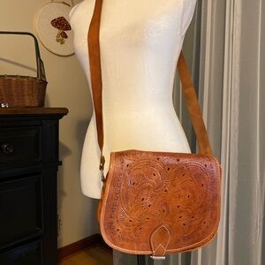 Vintage leather tooled brown boho shoulder crossbody bag